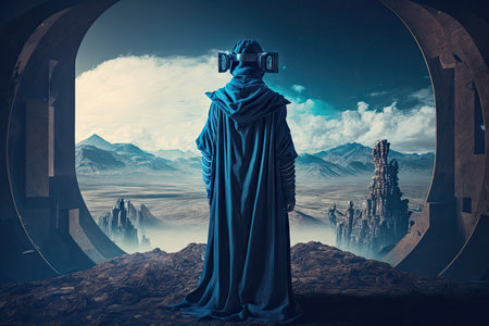 3d virtual reality avatar in blue robe standing against backdrop of digital landscape futuristic virtual world, created with generative aiの素材