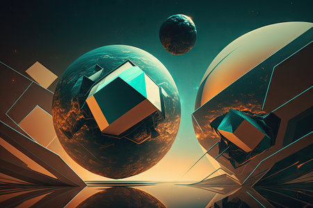 abstract futuristic virtual world with geometric shapes creating image of planet, created with generative aiの素材