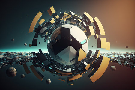 abstract futuristic virtual world with geometric shapes creating image of planet, created with generative aiの素材