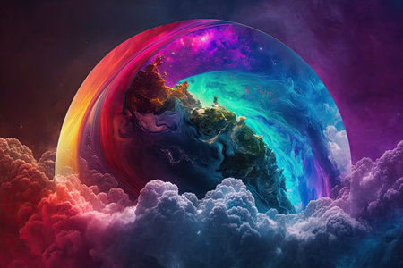 beautiful bright rainbow purple earth with clouds in space futuristic virtual world, created with generative aiの素材
