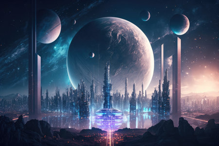 creative image of futuristic virtual world with holographic space city, created with generative aiの素材