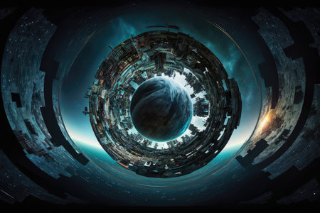 cyberspace panorama with abstract futuristic virtual world ring inside, created with generative aiの素材