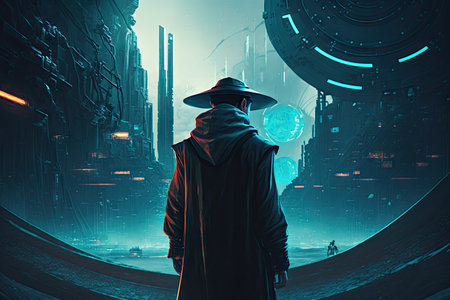 futuristic virtual world with sci-fi style depicted in film, created with generative aiの素材
