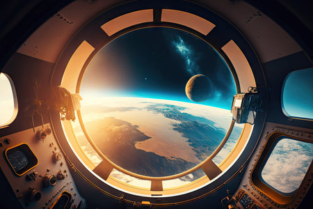 futuristic virtual world of space probe during flight to planet, created with generative aiの素材