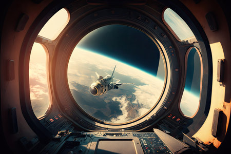 futuristic virtual world of space probe during flight to planet, created with generative aiの素材