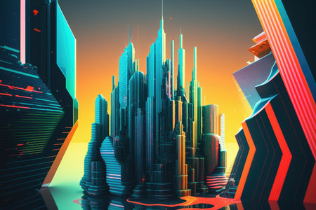 future city with colorful buildings and skyscrapers in digital future futuristic virtual world, created with generative aiの素材