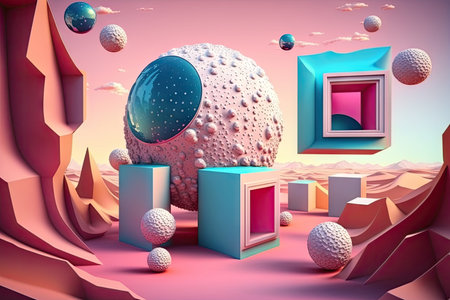 fantastic universe with cubes and spheres in beautiful bright pastel scenery of futuristic virtual world, created with generative aiの素材