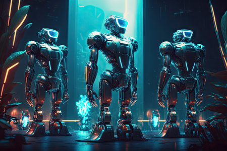 futuristic virtual world with holographic inhabitants in form of robots, created with generative aiの素材