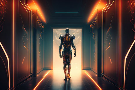 elite future cyborg walking along illuminated corridor in virtual futuristic virtual world, created with generative aiの素材
