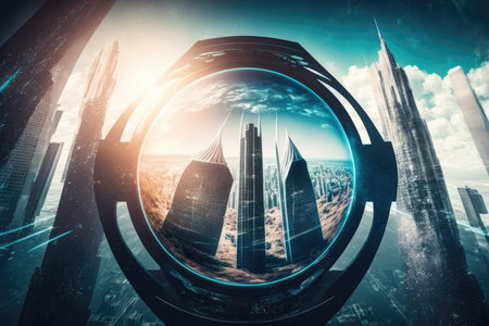 future city with high towers and gleaming glass skyscrapers in virtual reality futuristic virtual world, created with generative aiの素材