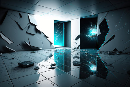 empty damaged room with floor and wall holograms in futuristic virtual world, created with generative aiの素材