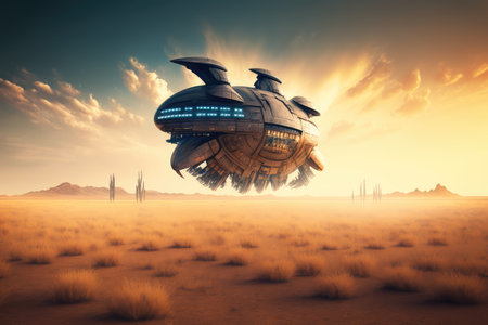 huge spaceship flying through empty field of planet in future futuristic virtual world, created with generative aiの素材