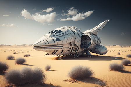 huge spaceship flying through empty field of planet in future futuristic virtual world, created with generative aiの素材