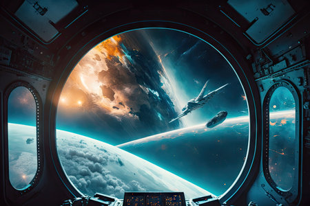 futuristic virtual world concept of space flight beyond borders of galaxy, created with generative aiの素材