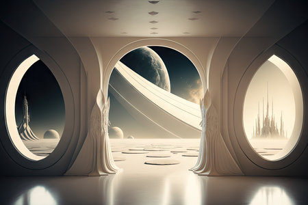 futuristic white hall, with view of distant planet and futuristic spacecraft in the background, created with generative aiの素材