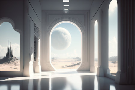 futuristic white hall, with view of distant planet and futuristic spacecraft in the background, created with generative aiの素材