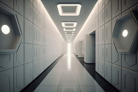 white hallway with futuristic lighting and flooring, surrounded by metal walls, created with generative aiの素材