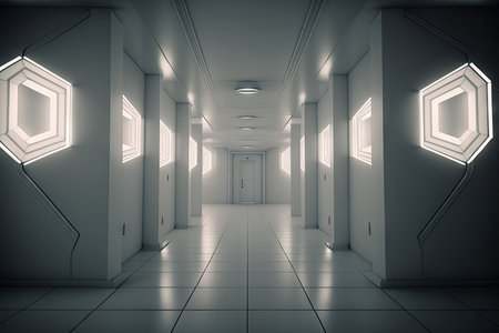 white hallway with futuristic lighting and flooring, surrounded by metal walls, created with generative aiの素材