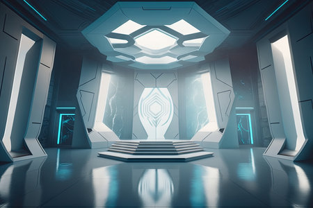 futuristic white hall with advanced technology and futuristic gadgets, such as flying drones and holographic displays, created with generative aiの素材