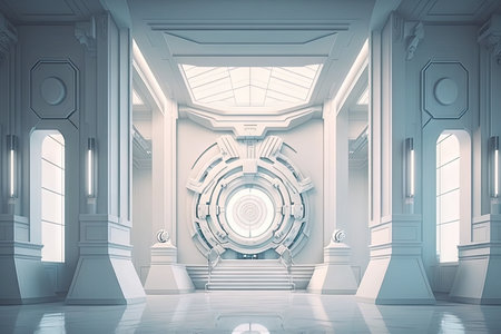 futuristic white hall with advanced technology and futuristic gadgets, such as flying drones and holographic displays, created with generative aiの素材