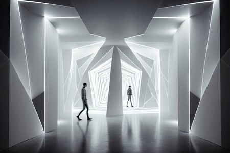 futuristic white hall with holographic projections and interactive technology, created with generative aiの素材