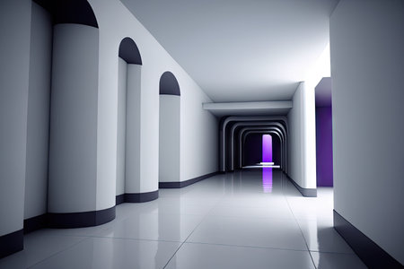 futuristic white hall with touch of purple, blue or red to bring warmth and vibrancy into the space, created with generative aiの素材