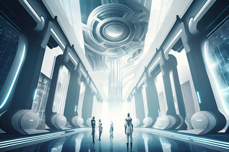 futuristic white hall with holographic projections, depicting futuristic city and its inhabitants, created with generative aiの素材