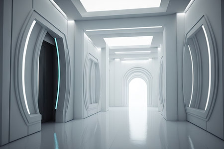 futuristic white hall with led lighting, creating a dynamic and futuristic atmosphere, created with generative aiの素材