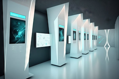 futuristic white hall with floating holographic displays and interactive interfaces, created with generative aiの素材