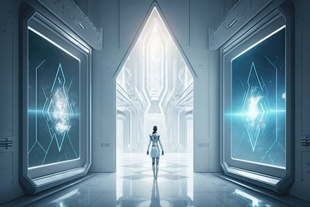 futuristic white hall with floating holographic images of the future, created with generative aiの素材