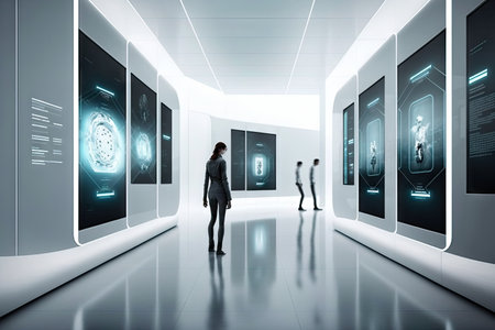 futuristic white hall with floating holographic displays and interactive touchscreens, created with generative aiの素材