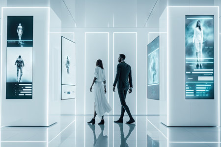 futuristic white hall with floating holographic displays and interactive touchscreens, created with generative aiの素材