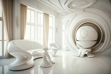 white hall with futuristic furniture and sleek design features, creating a sleek and modern atmosphere, created with generative aiの素材