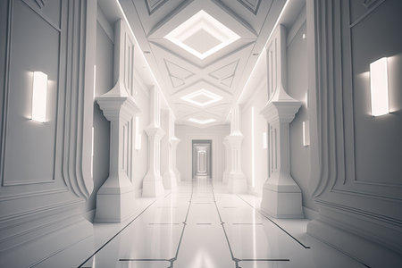 white hall with futuristic vibe, featuring sleek and clean lines, created with generative aiの素材