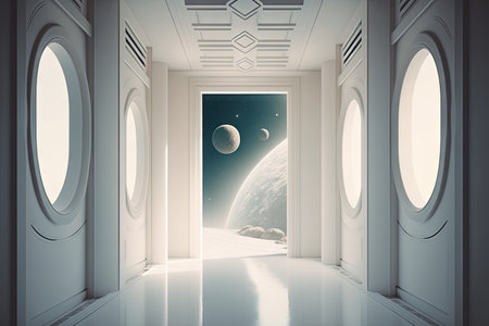 futuristic white hallway, with view of distant planets and stars in the background, created with generative aiの素材