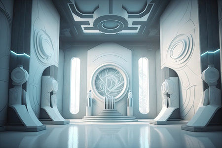 futuristic white hall with floating holograms and futuristic music, created with generative aiの素材