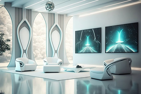 futuristic white hall with floating holographic displays and futuristic furniture, created with generative aiの素材