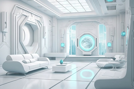 futuristic white hall with floating holographic displays and futuristic furniture, created with generative aiの素材