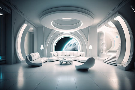futuristic white hall with floating furniture and holographic projections, created with generative aiの素材