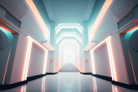 futuristic white hall with holographic projections for art and entertainment, created with generative aiの素材
