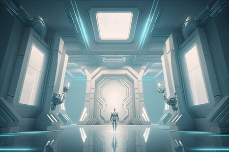 futuristic white hall with holographic projections of the future, including flying cars, robots and other futuristic technologies, created with generative aiの素材