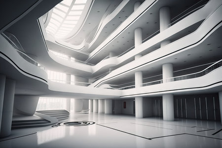 futuristic white hall, with transparent floors and ceilings, showing the futuristic buildings inner workings, created with generative aiの素材