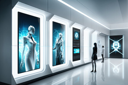 futuristic white hall with holographic projections and interactive displays, created with generative aiの素材