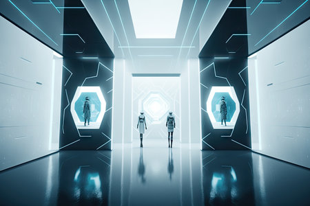 futuristic white hall with interactive holographic displays and virtual reality technology, created with generative aiの素材