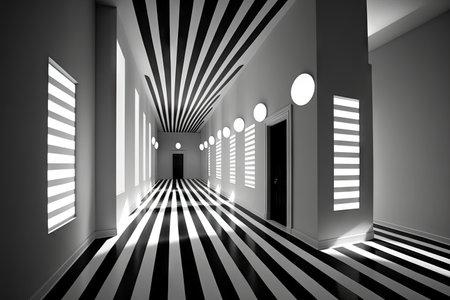 white hall with black and white striped floor, featuring futuristic lighting, created with generative aiの素材