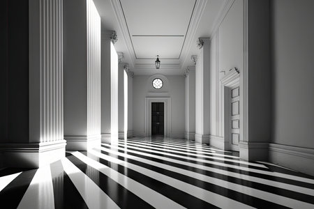 white hall with black and white striped floor, featuring futuristic lighting, created with generative aiの素材