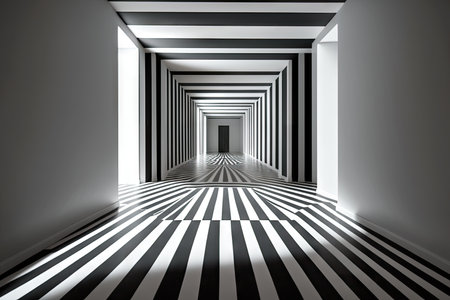 white hall with black and white striped floor, featuring futuristic lighting, created with generative aiの素材