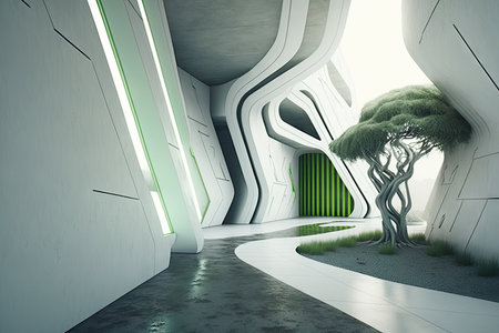 futuristic white hall with touch of green, hinting at natural surroundings, created with generative aiの素材