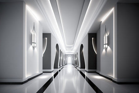 white hall with futuristic lighting, featuring sleek and modern fixtures, created with generative aiの素材