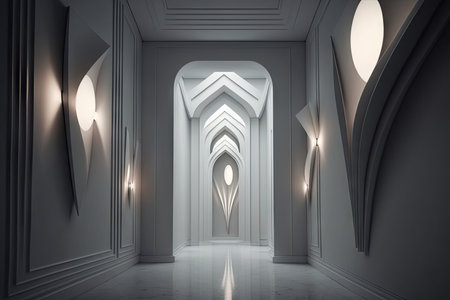 white hall with futuristic lighting, featuring sleek and modern fixtures, created with generative aiの素材